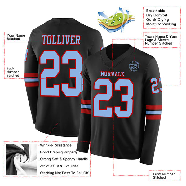 Custom Black Light Blue-Red Long Sleeve Authentic Football Jersey alternate