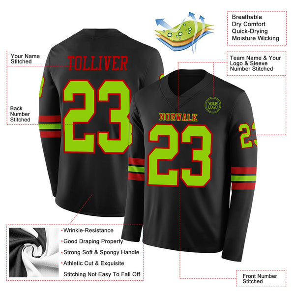 Custom Black Neon Green-Red Long Sleeve Authentic Football Jersey alternate