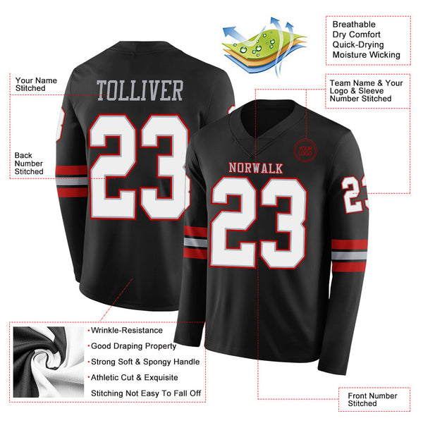 Custom Black White Gray-Red Long Sleeve Authentic Football Jersey alternate