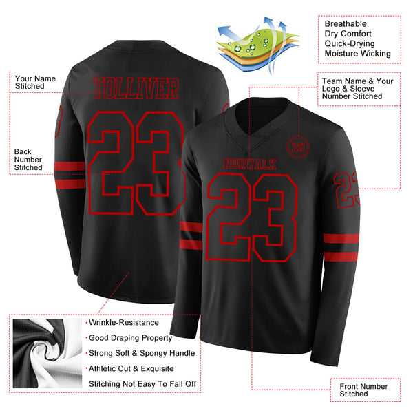 Custom Black Red Long Sleeve Authentic Football Jersey alternate