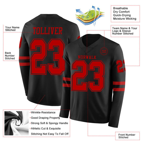 Custom Black Red Long Sleeve Authentic Football Jersey alternate