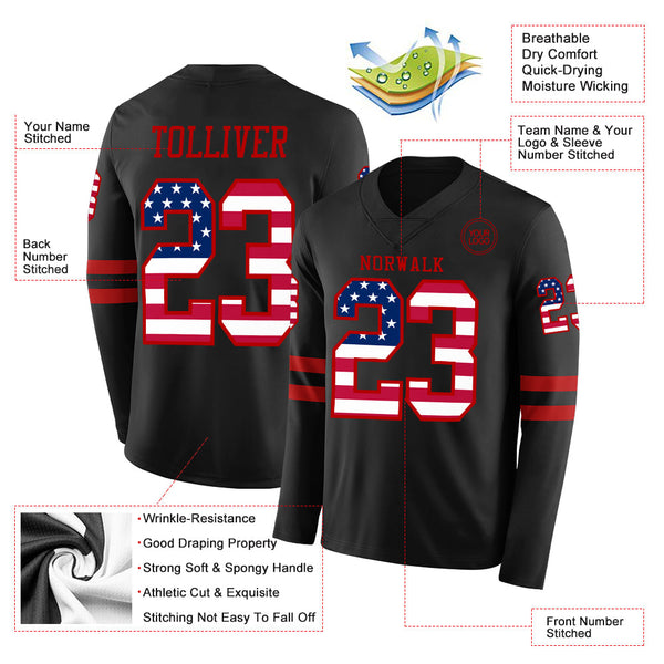Custom Black USA Flag-Red Long Sleeve Authentic Football Jersey alternate
