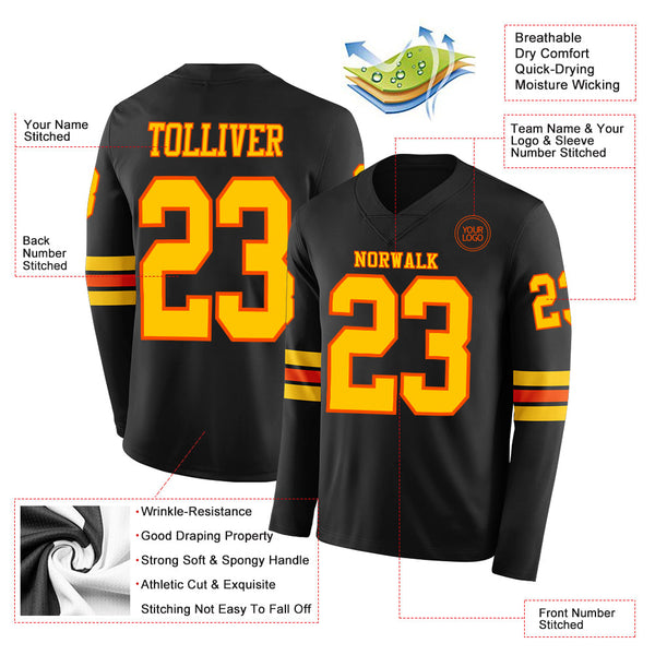 Custom Black Yellow-Orange Long Sleeve Authentic Football Jersey alternate