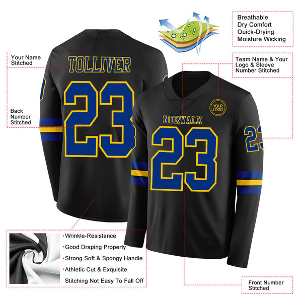 Custom Black Royal-Yellow Long Sleeve Authentic Football Jersey alternate
