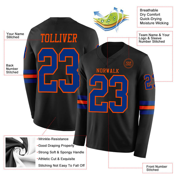 Custom Black Royal-Orange Long Sleeve Authentic Football Jersey alternate
