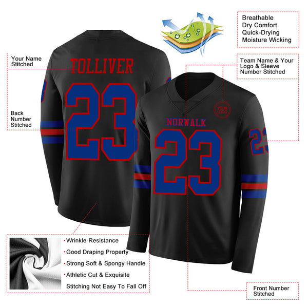 Custom Black Royal-Red Long Sleeve Authentic Football Jersey alternate