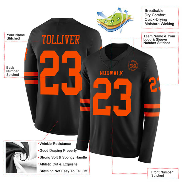 Custom Black Orange Long Sleeve Authentic Football Jersey alternate