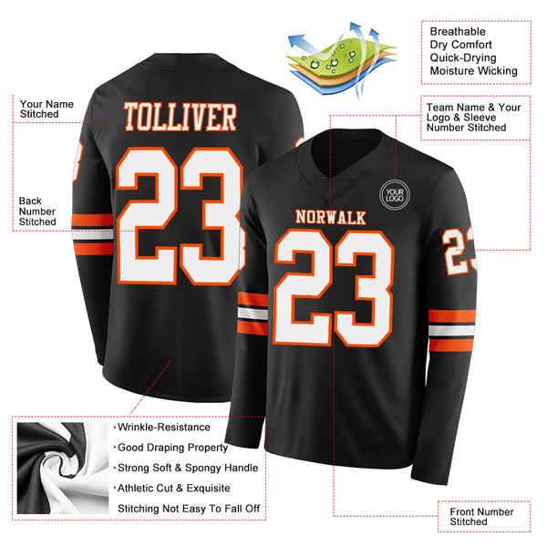 Custom Black White-Orange Long Sleeve Authentic Football Jersey alternate