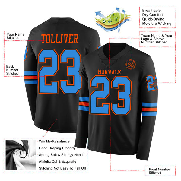 Custom Black Powder Blue-Orange Long Sleeve Authentic Football Jersey alternate
