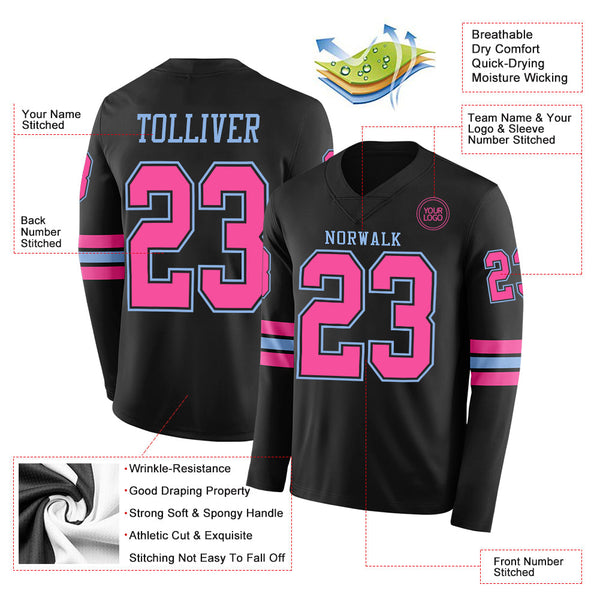 Custom Black Pink-Light Blue Long Sleeve Authentic Football Jersey alternate