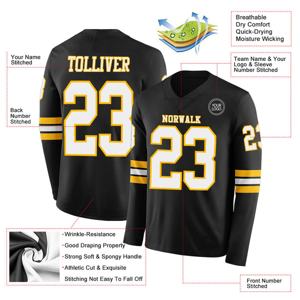 Custom Black White-Gold Long Sleeve Authentic Football Jersey alternate
