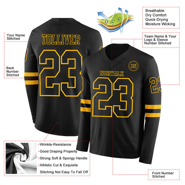 Custom Black Gold Long Sleeve Authentic Football Jersey alternate