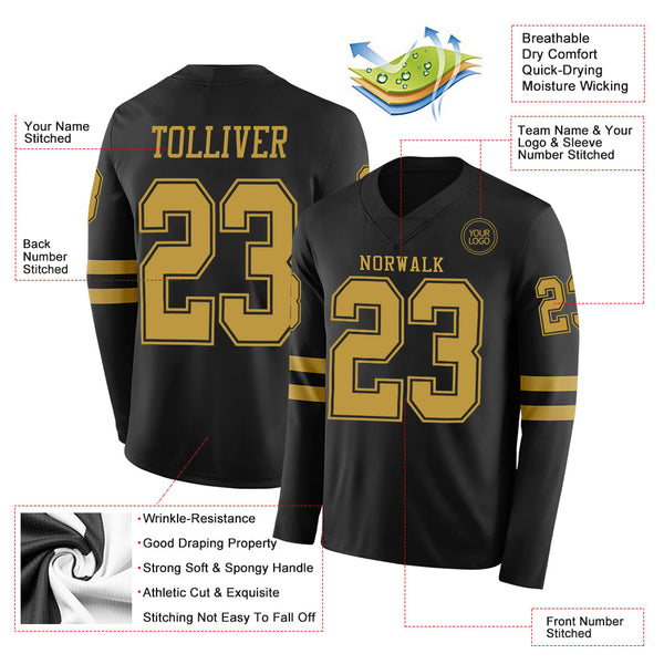 Custom Black Old Gold Long Sleeve Authentic Football Jersey alternate