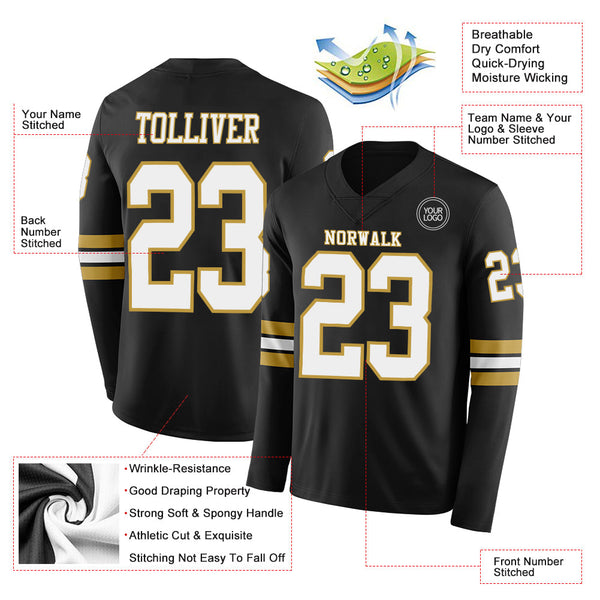Custom Black White-Old Gold Long Sleeve Authentic Football Jersey alternate