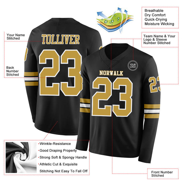 Custom Black Old Gold-White Long Sleeve Authentic Football Jersey alternate