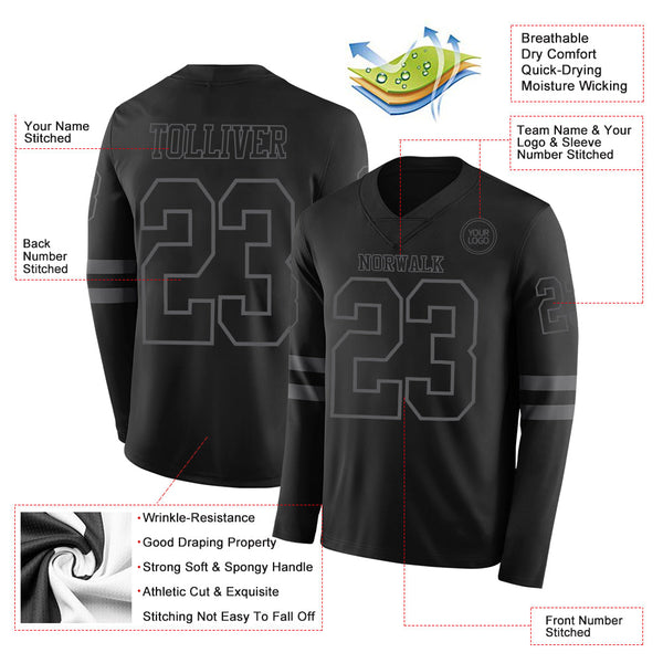 Custom Black Steel Gray Long Sleeve Authentic Football Jersey alternate