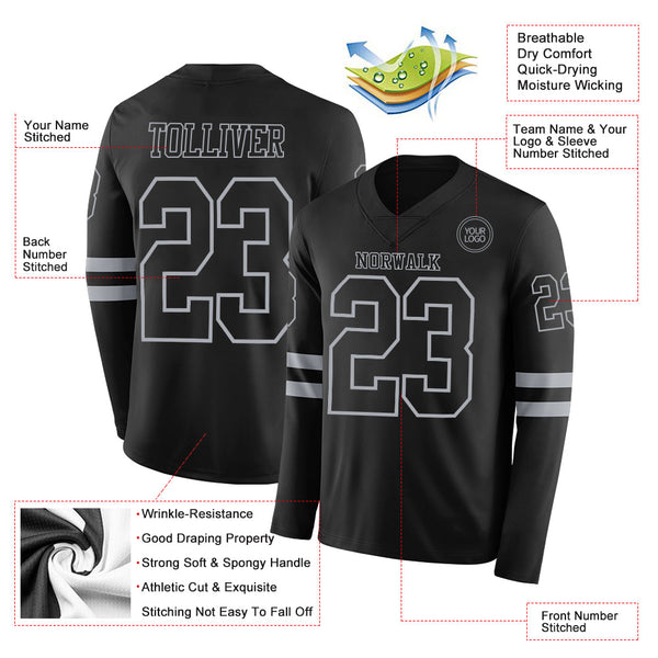 Custom Black Gray Long Sleeve Authentic Football Jersey alternate