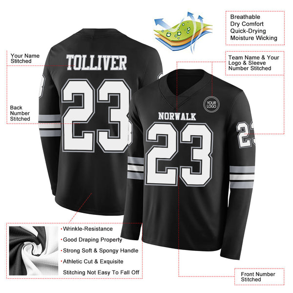 Custom Black White-Gray Long Sleeve Authentic Football Jersey alternate