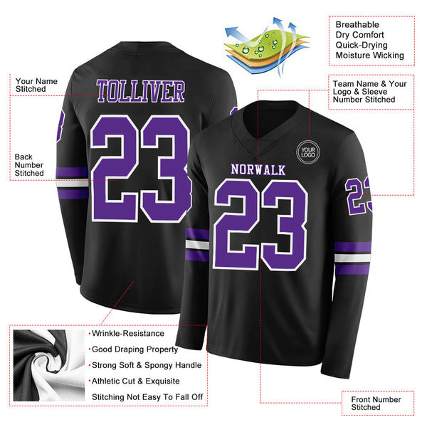 Custom Black Purple-White Long Sleeve Authentic Football Jersey alternate