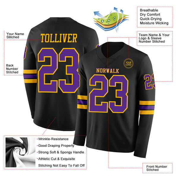Custom Black Purple-Gold Long Sleeve Authentic Football Jersey alternate