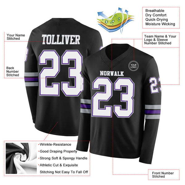 Custom Black White Purple-Gray Long Sleeve Authentic Football Jersey alternate