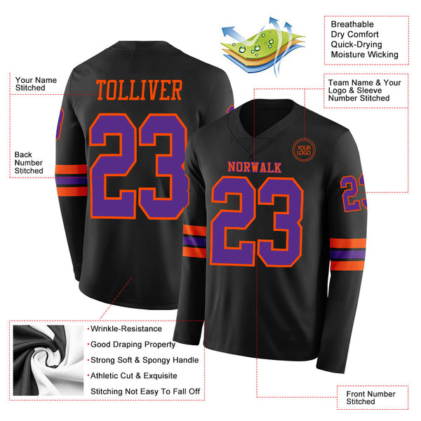 Custom Black Purple-Orange Long Sleeve Authentic Football Jersey alternate