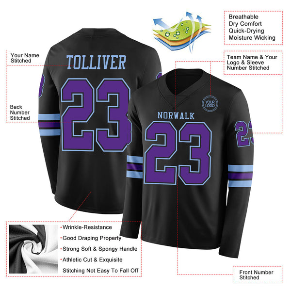 Custom Black Purple-Light Blue Long Sleeve Authentic Football Jersey alternate