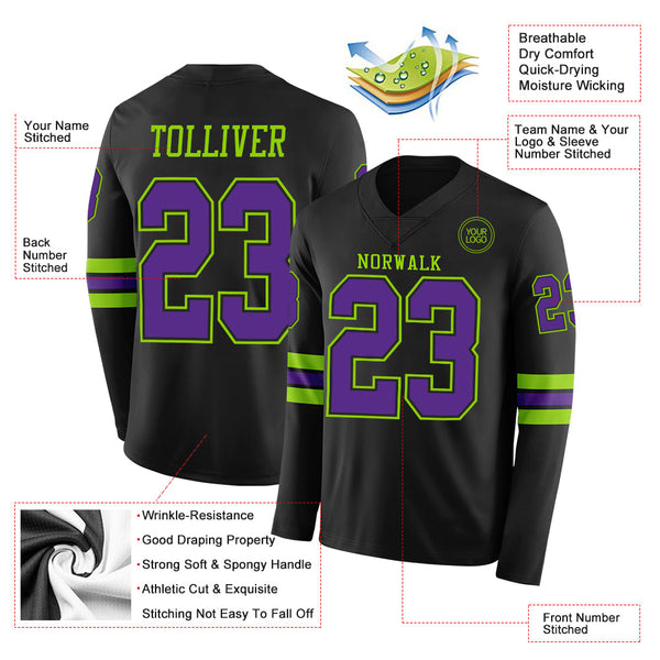 Custom Black Purple-Neon Green Long Sleeve Authentic Football Jersey alternate