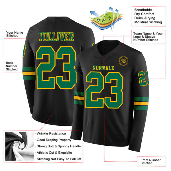 Custom Black Kelly Green-Gold Long Sleeve Authentic Football Jersey alternate