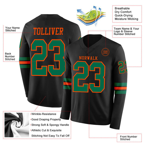 Custom Black Kelly Green-Orange Long Sleeve Authentic Football Jersey alternate