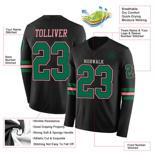 Custom Black Kelly Green-Medium Pink Long Sleeve Authentic Football Jersey alternate