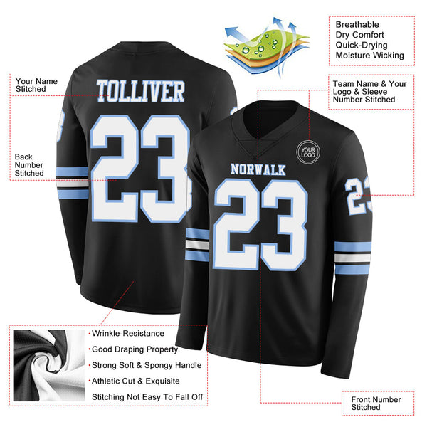 Custom Black White-Light Blue Long Sleeve Authentic Football Jersey alternate