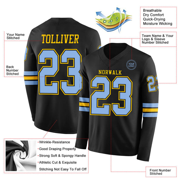 Custom Black Light Blue-Yellow Long Sleeve Authentic Football Jersey alternate