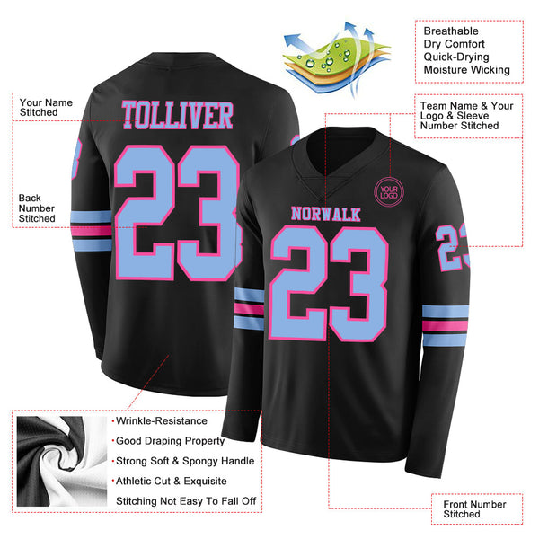Custom Black Light Blue-Pink Long Sleeve Authentic Football Jersey alternate
