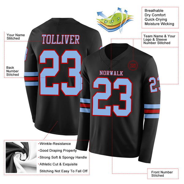 Custom Black Light Blue-Red Long Sleeve Authentic Football Jersey alternate