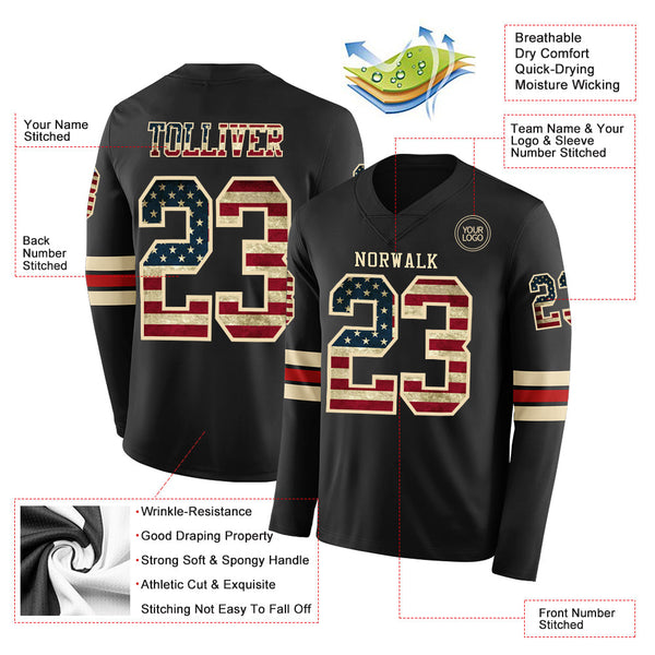 Custom Black Vintage USA Flag Cream-Red Long Sleeve Authentic Football Jersey alternate