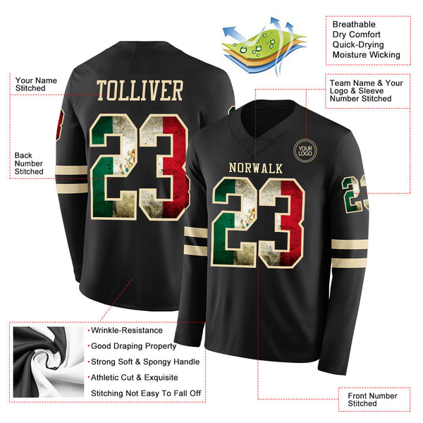 Custom Black Vintage Mexican Flag-Cream Long Sleeve Authentic Football Jersey alternate