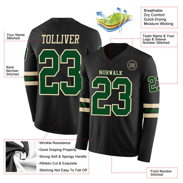 Custom Black Green-Cream Long Sleeve Authentic Football Jersey alternate