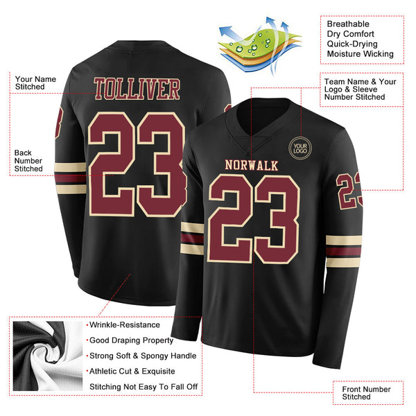 Custom Black Burgundy-Cream Long Sleeve Authentic Football Jersey alternate