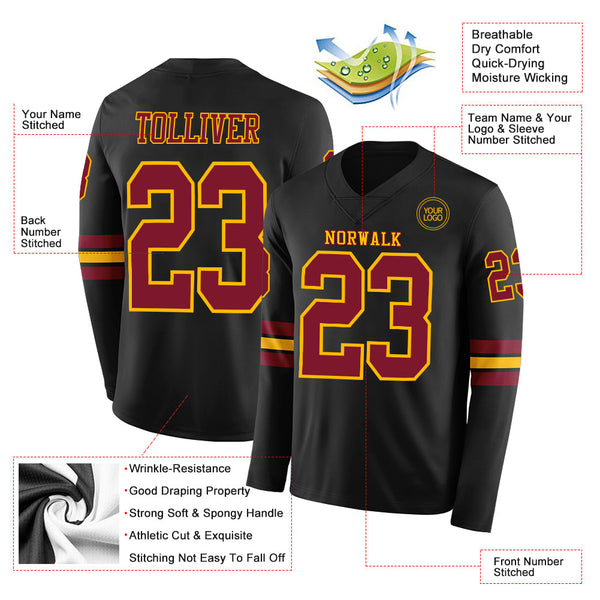 Custom Black Crimson-Gold Long Sleeve Authentic Football Jersey alternate