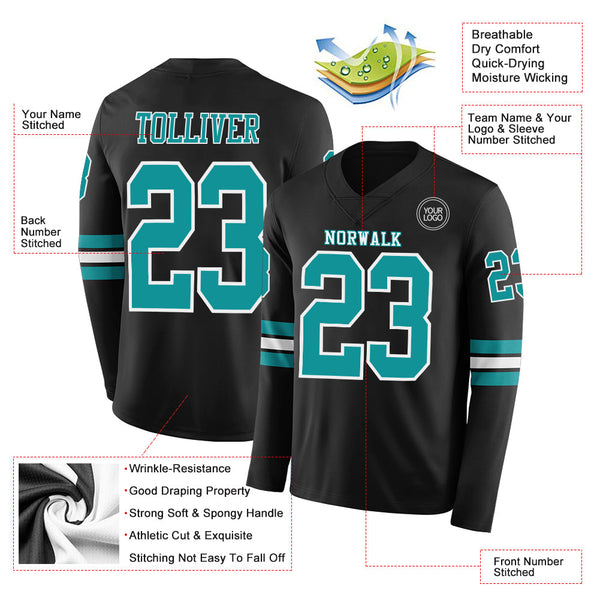 Custom Black Teal-White Long Sleeve Authentic Football Jersey alternate