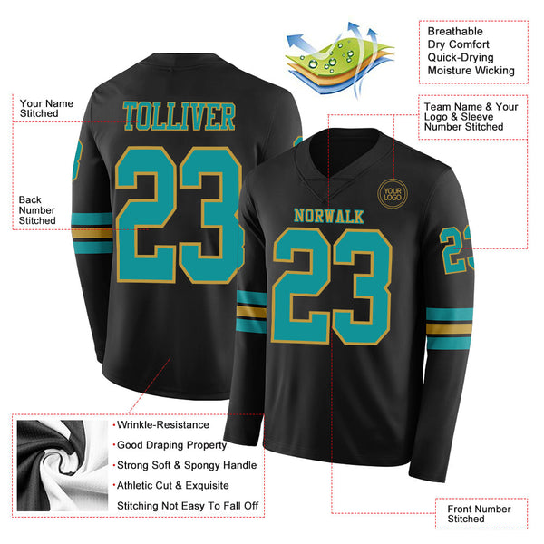 Custom Black Teal-Old Gold Long Sleeve Authentic Football Jersey alternate