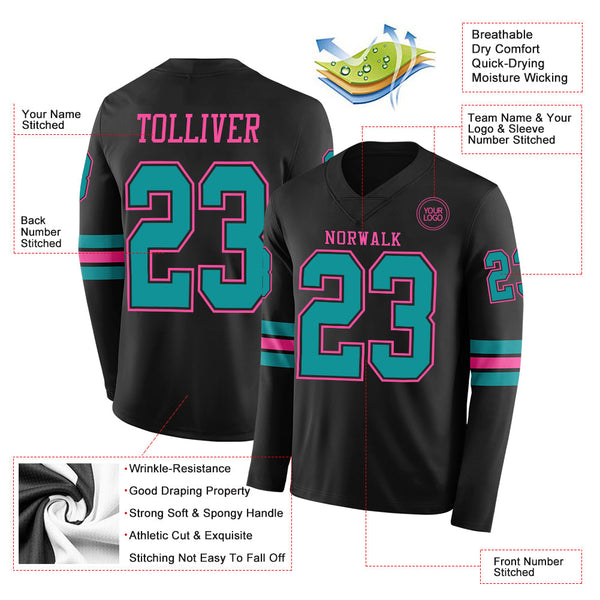 Custom Black Teal-Pink Long Sleeve Authentic Football Jersey alternate