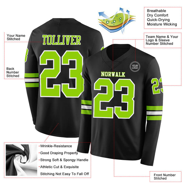 Custom Black Neon Green-White Long Sleeve Authentic Football Jersey alternate