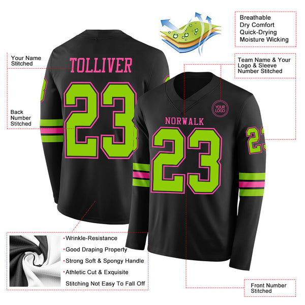 Custom Black Neon Green-Pink Long Sleeve Authentic Football Jersey alternate