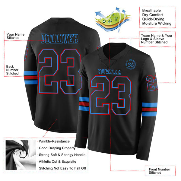 Custom Black Powder Blue-Red Long Sleeve Authentic Football Jersey alternate