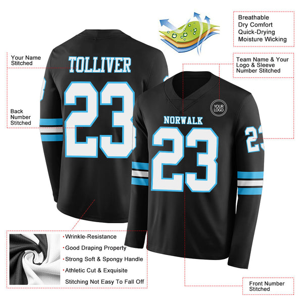Custom Black White-Sky Blue Long Sleeve Authentic Football Jersey alternate