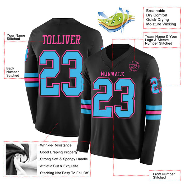 Custom Black Sky Blue-Pink Long Sleeve Authentic Football Jersey alternate