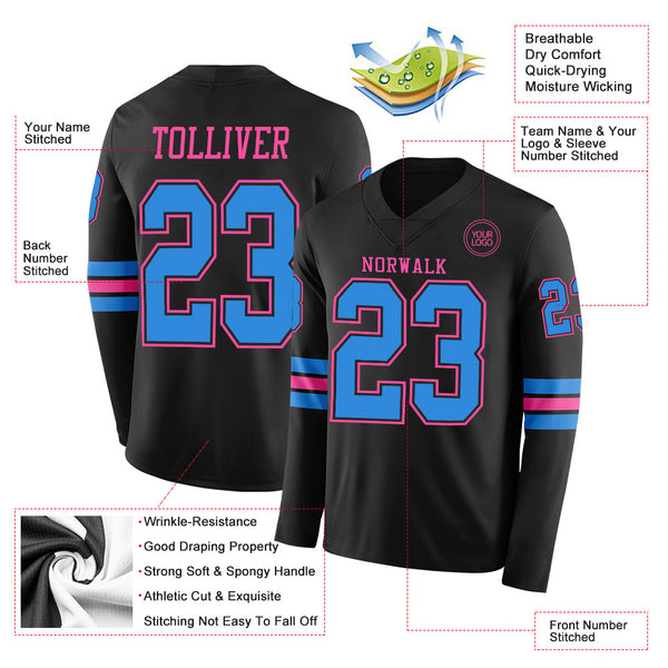 Custom Black Powder Blue-Pink Long Sleeve Authentic Football Jersey alternate
