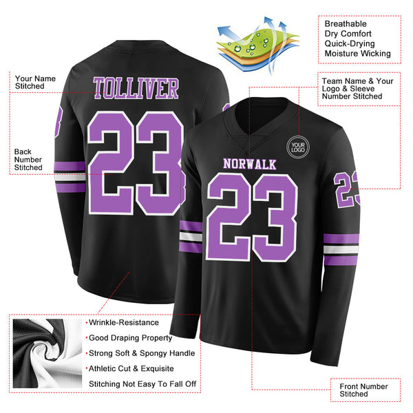 Custom Black Medium Purple-White Long Sleeve Authentic Football Jersey alternate